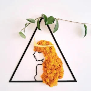 Znak zodiaku lew, zodiakalna lwica, pomarańczowe włosy, dekoracja z chrobotkiem reniferowym.