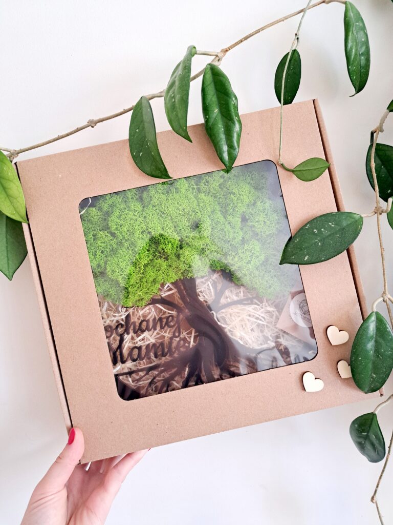 Zapakowane dekoracyjne drzewko z chrobotka reniferowego w ozdobnym pudełku z okienkiem, z dedykacją na Dzień Matki.