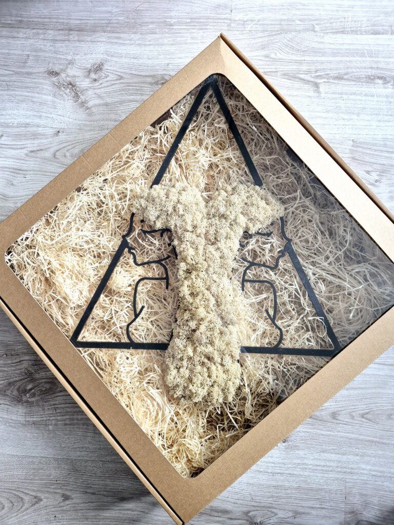 Zapakowany obraz z chrobotka reniferowego z symbolem Bliźniąt w ozdobnym pudełku z okienkiem.