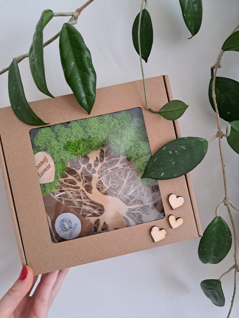 Drzewko z naturalnym pniem i jasnozielonym chrobotkiem reniferowym z serduszkiem "Kochanej Mamie", w ozdobnym pudełku. Prezent dla Mamy.