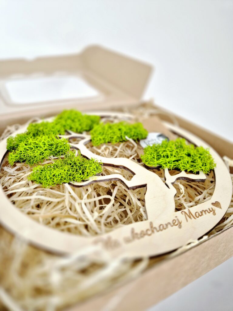 Naturalna dekoracja z mchu w ramce dla mamy.