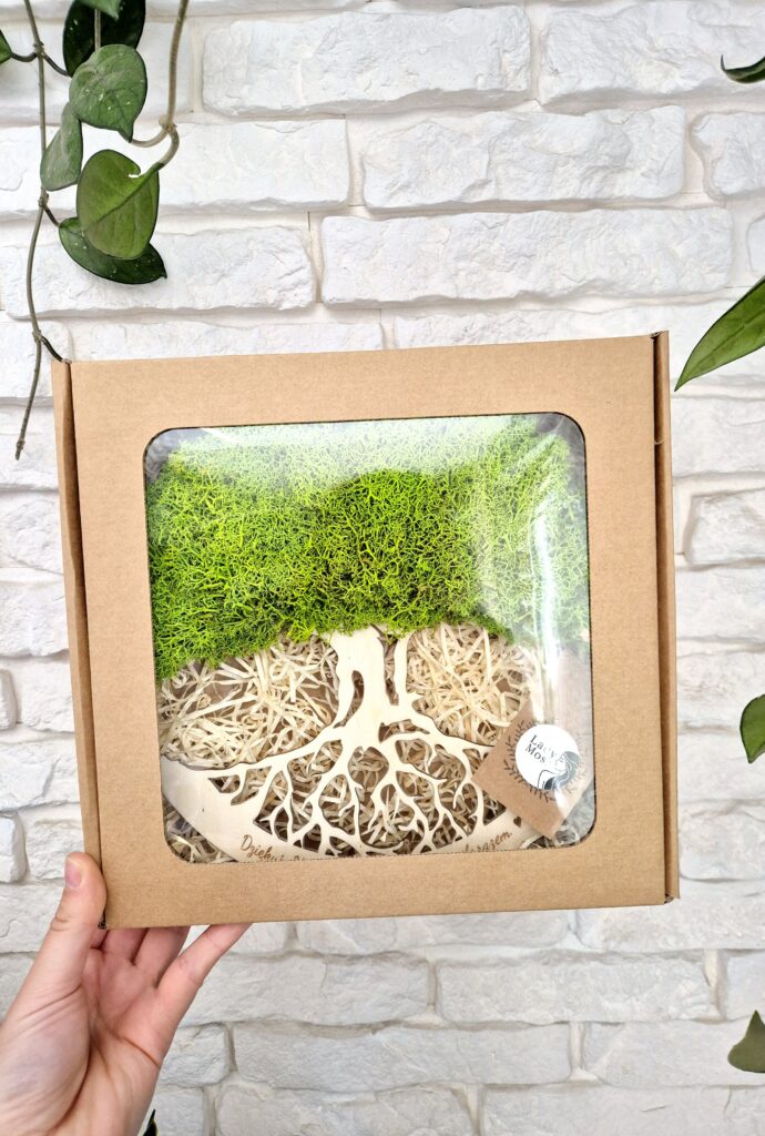 Drzewko z chrobotka reniferowego w pudełku z okienkiem – prezent dla mamy z napisem „Dziękuję Mamo, za wszystkie nasze chwile razem”.