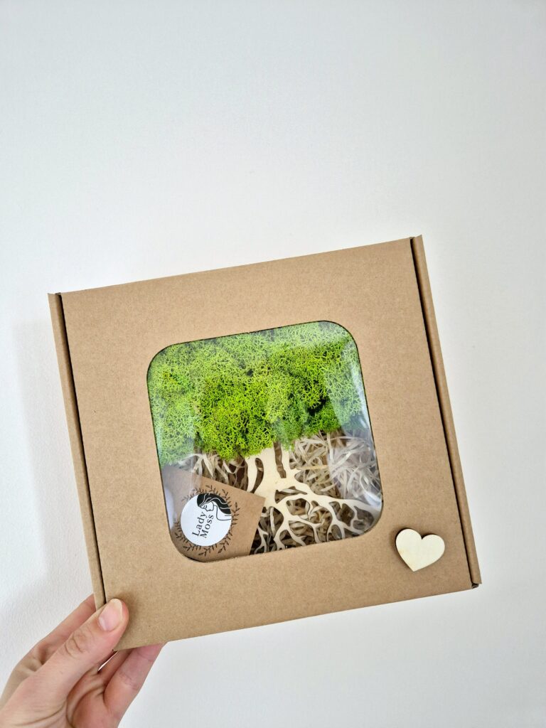 Obraz z drzewkiem z mchu chrobotka – naturalna dekoracja do wnętrz