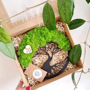 Chrobotkowe drzewko z sercem dla mamy, w opakowaniu prezentowym.