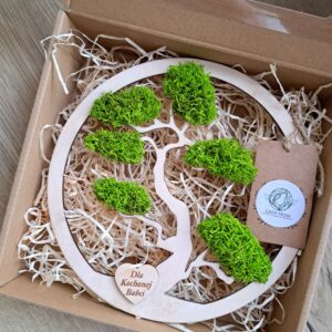 Drzewko Dla Babci – bonsai w okrągłej ramce z jasnozielonym chrobotkiem i serduszkiem z napisem „Dla Kochanej Babci”.